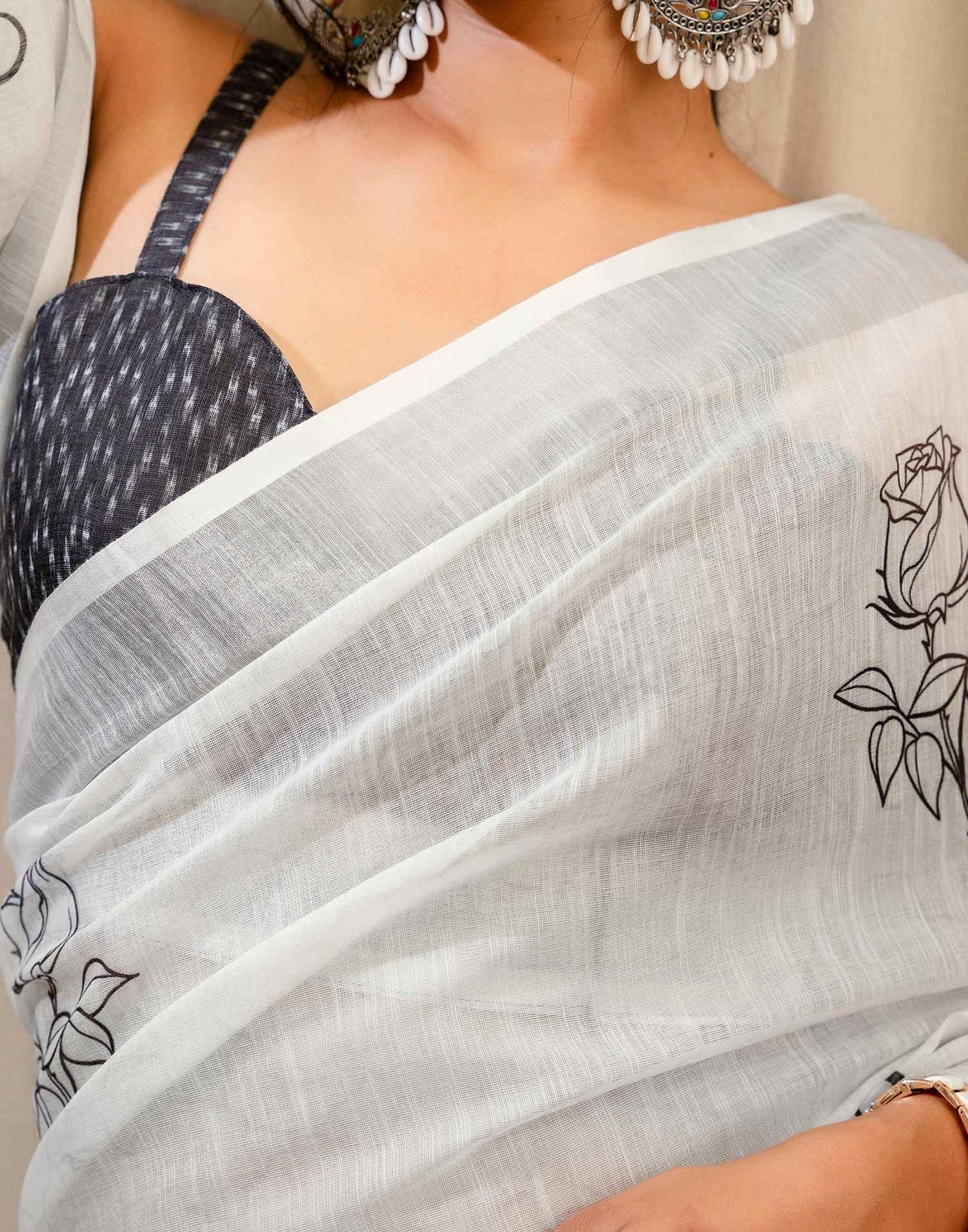 White Linen Printed Saree