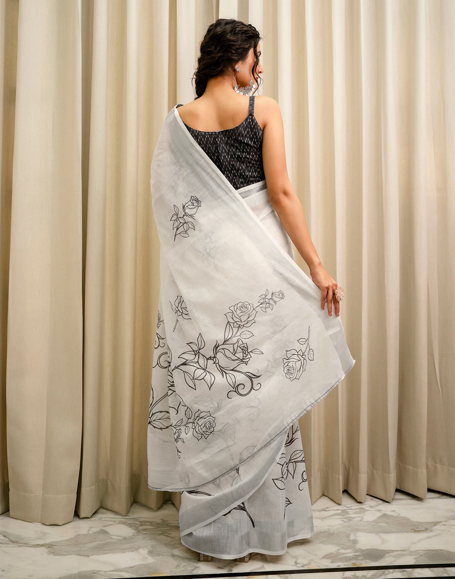 White Linen Printed Saree