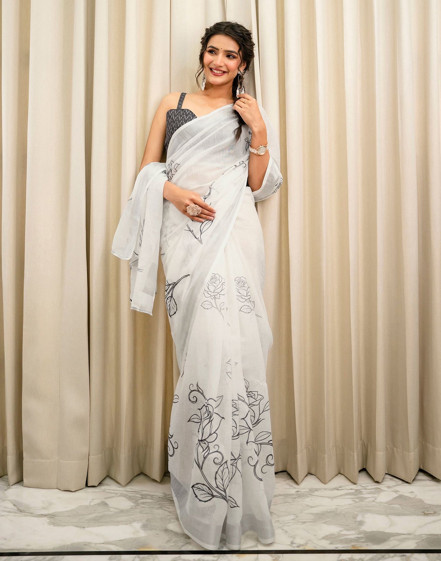White Linen Printed Saree