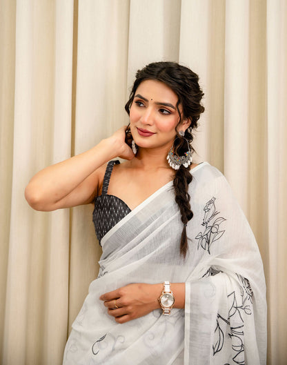 White Linen Printed Saree