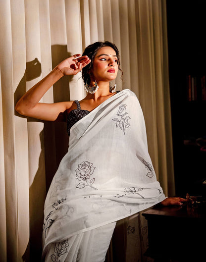 White Linen Printed Saree