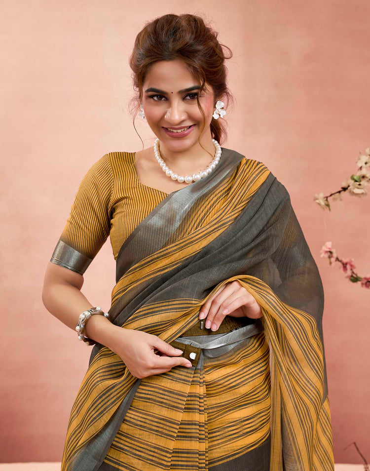 Ready To Wear Mustard Yellow Linen Striped Printed Saree