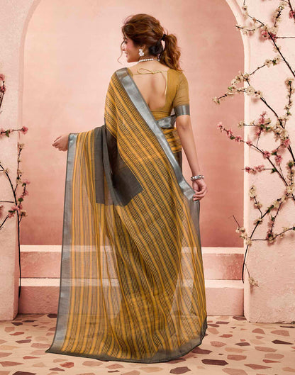Ready To Wear Mustard Yellow Linen Striped Printed Saree
