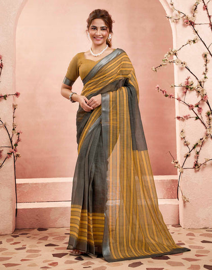Ready To Wear Mustard Yellow Linen Striped Printed Saree