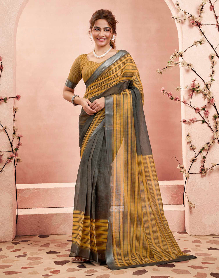 Ready To Wear Mustard Yellow Linen Striped Printed Saree
