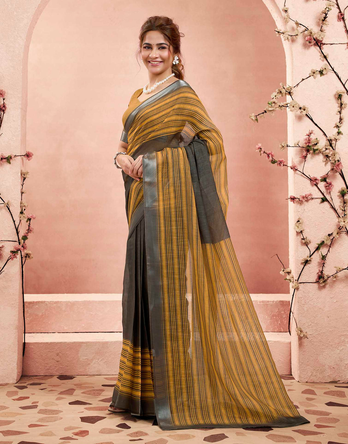 Ready To Wear Mustard Yellow Linen Striped Printed Saree