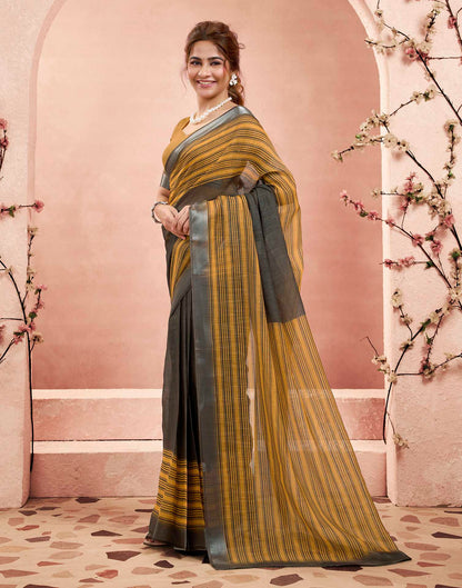 Ready To Wear Mustard Yellow Linen Striped Printed Saree