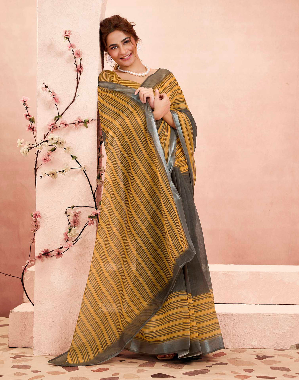 Ready To Wear Mustard Yellow Linen Striped Printed Saree