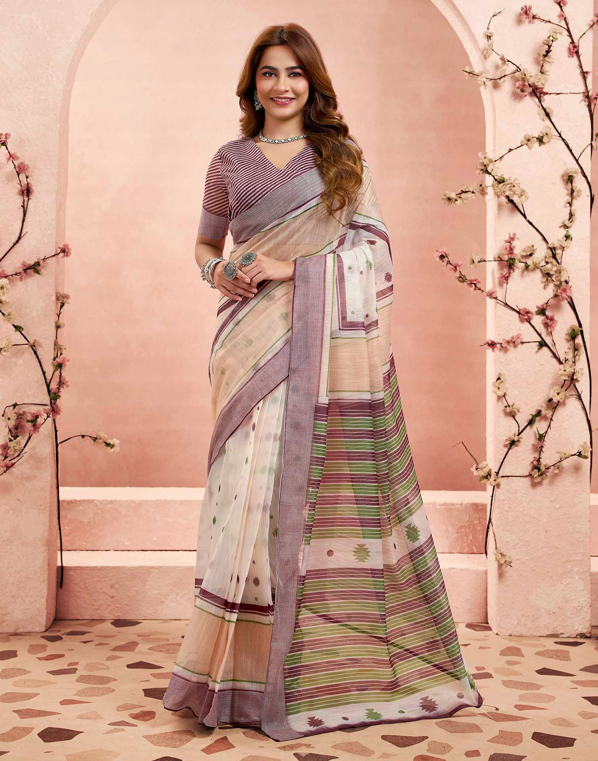 Ready To Wear Off White Linen Printed Saree