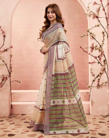Ready To Wear Off White Linen Printed Saree