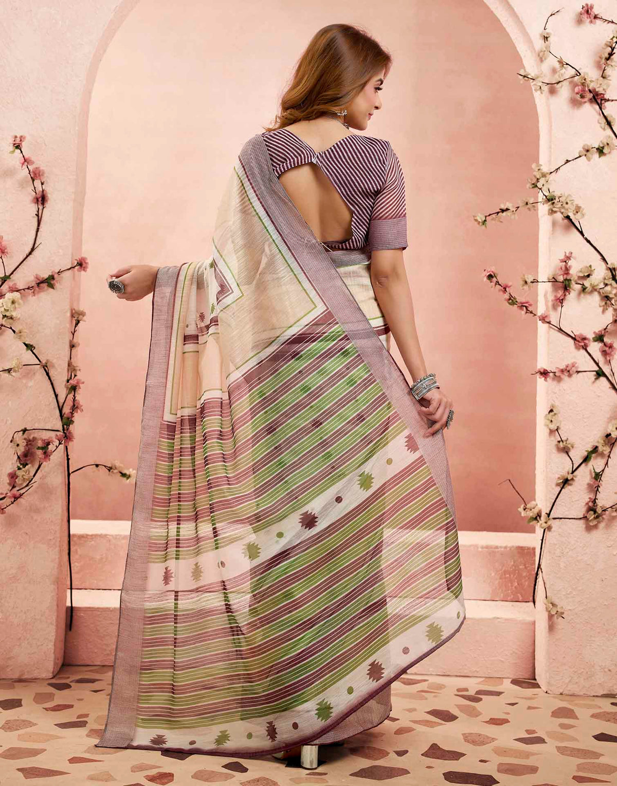 Ready To Wear Off White Linen Printed Saree