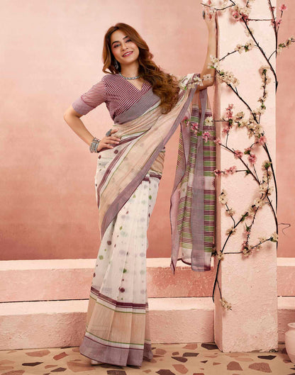 Ready To Wear Off White Linen Printed Saree