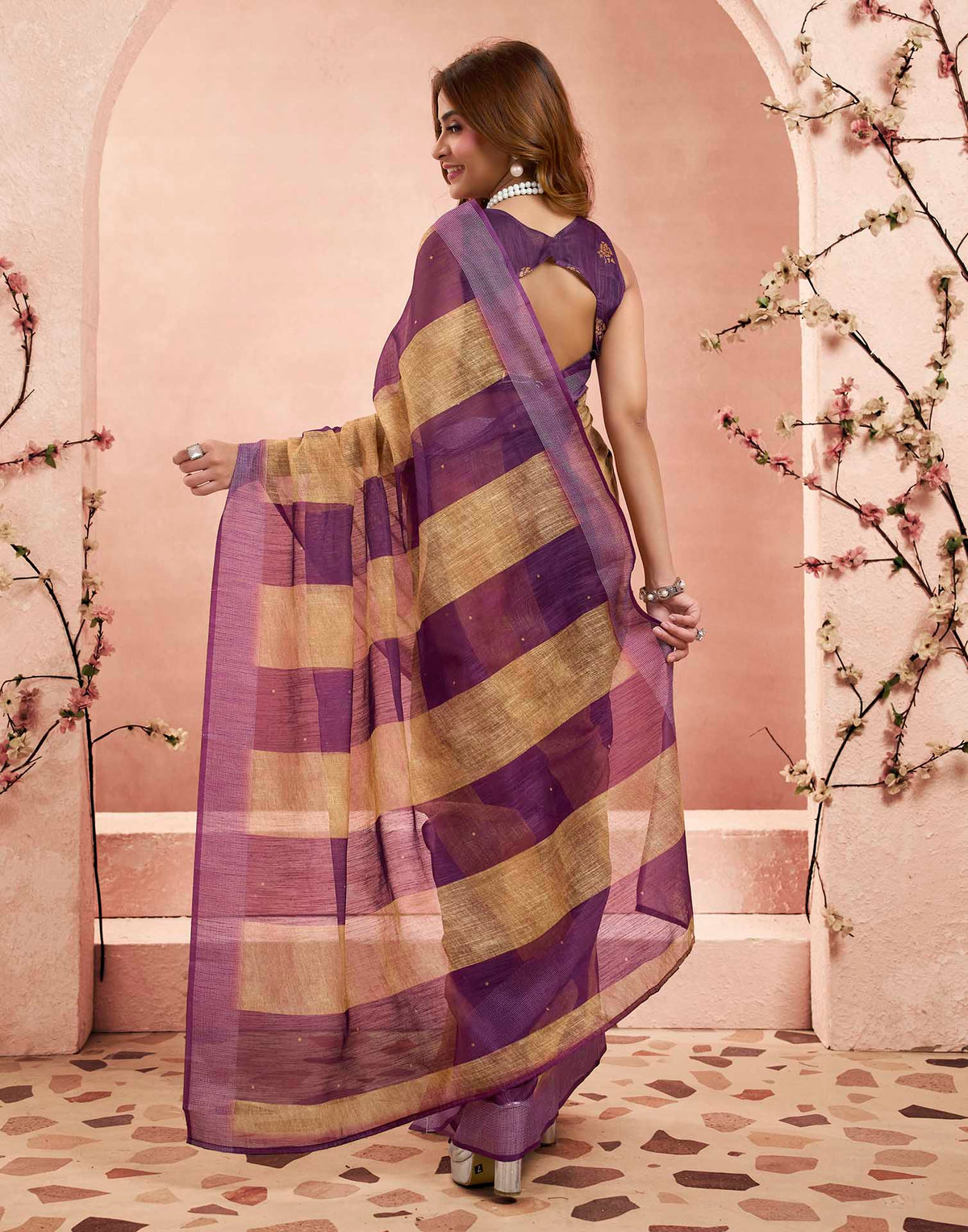 Ready To Wear Purple Linen Printed Saree
