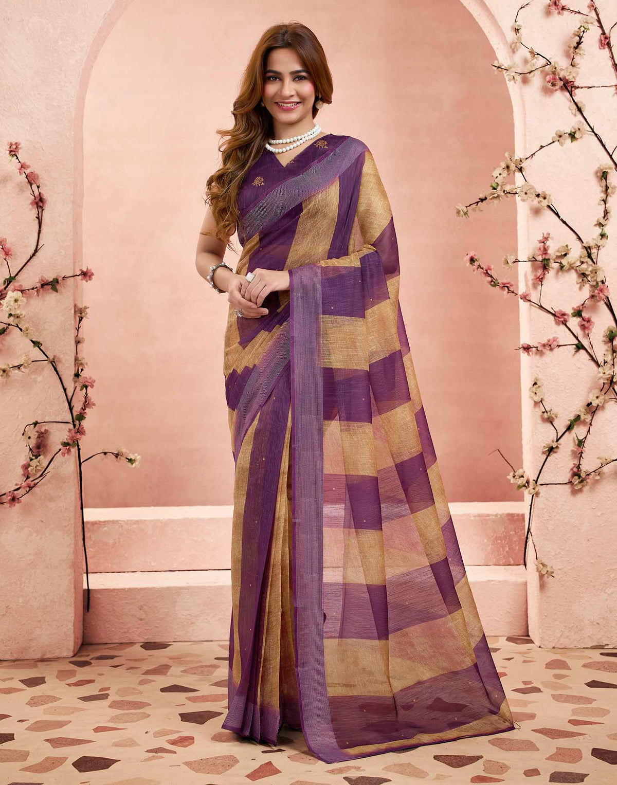 Ready To Wear Purple Linen Printed Saree