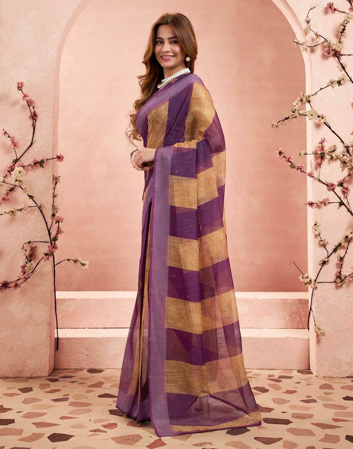 Ready To Wear Purple Linen Printed Saree