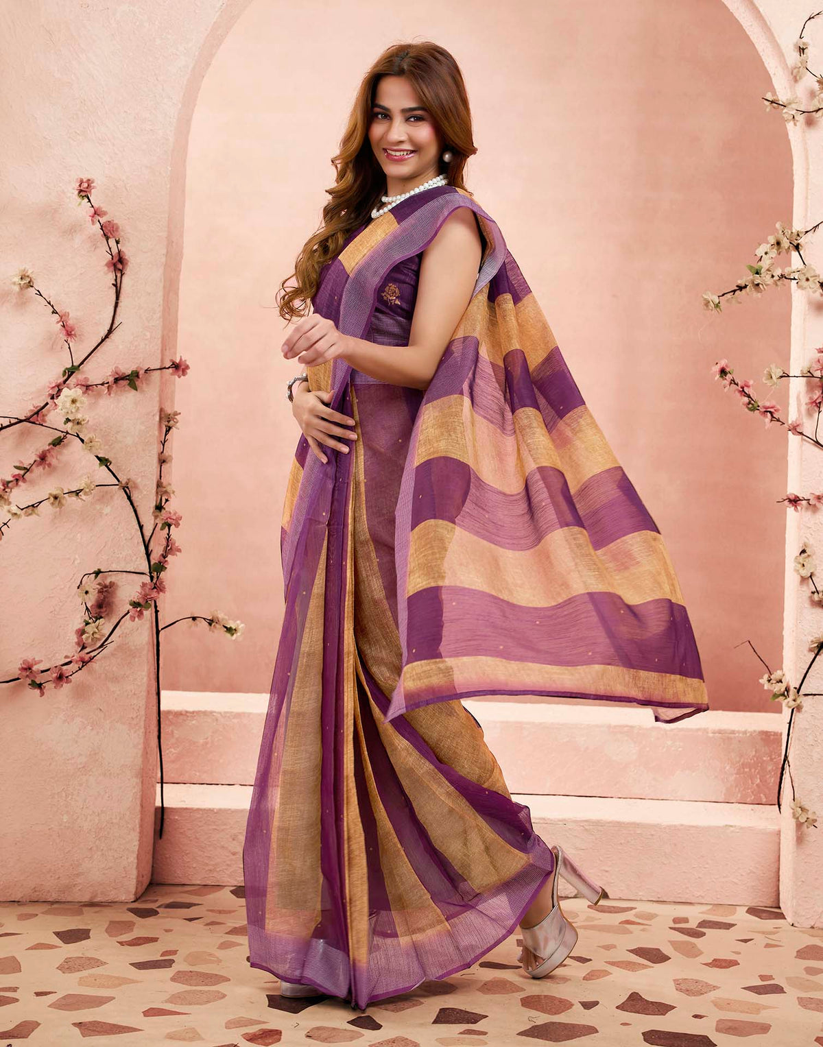 Ready To Wear Purple Linen Printed Saree