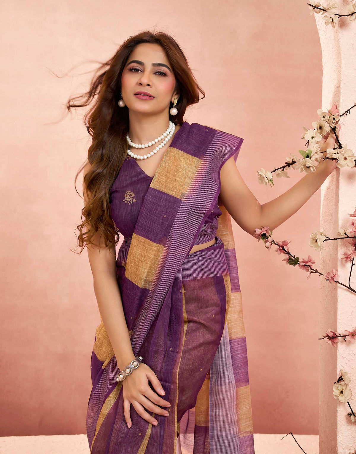 Ready To Wear Purple Linen Printed Saree
