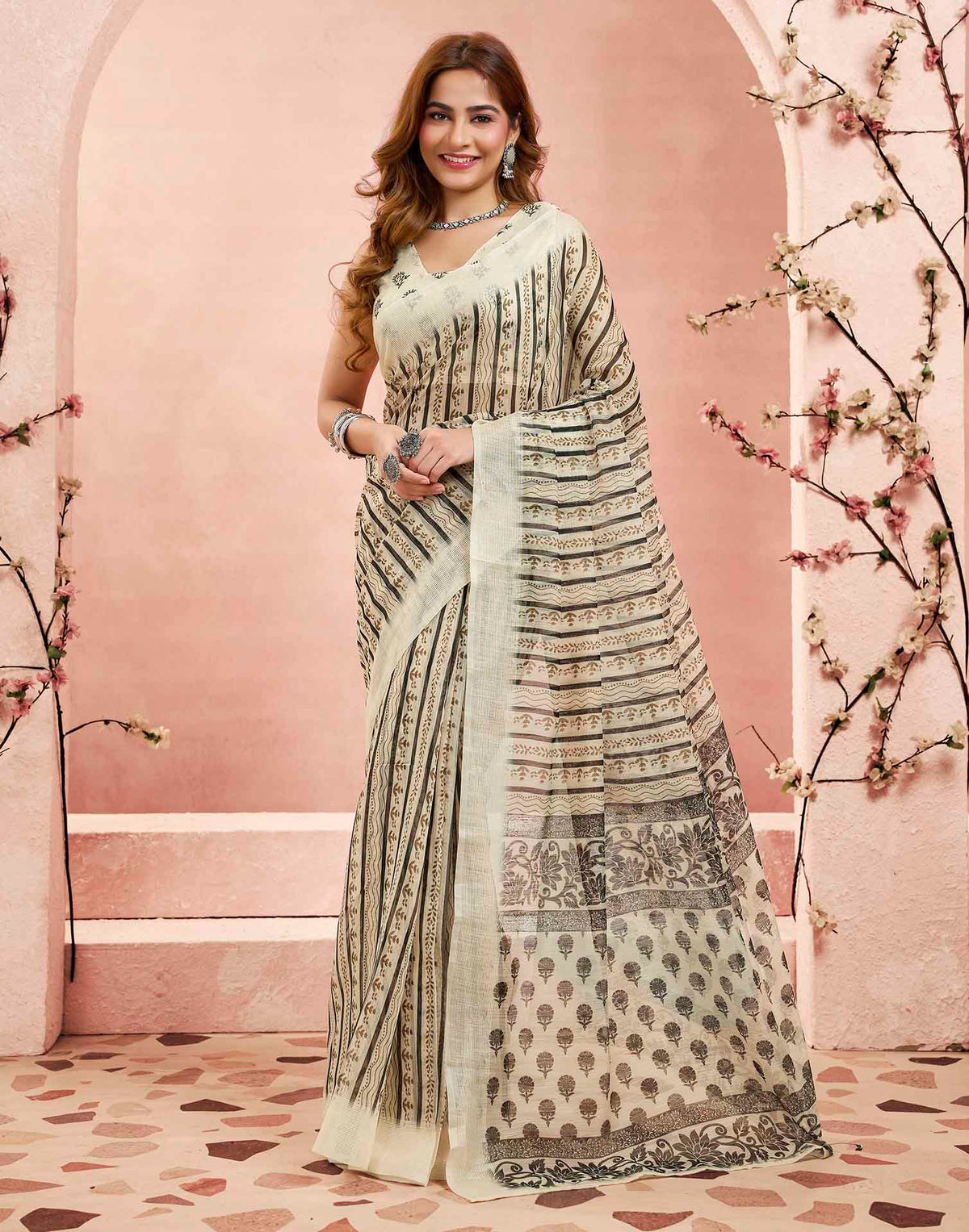 Ready To Wear Beige Linen Printed Saree