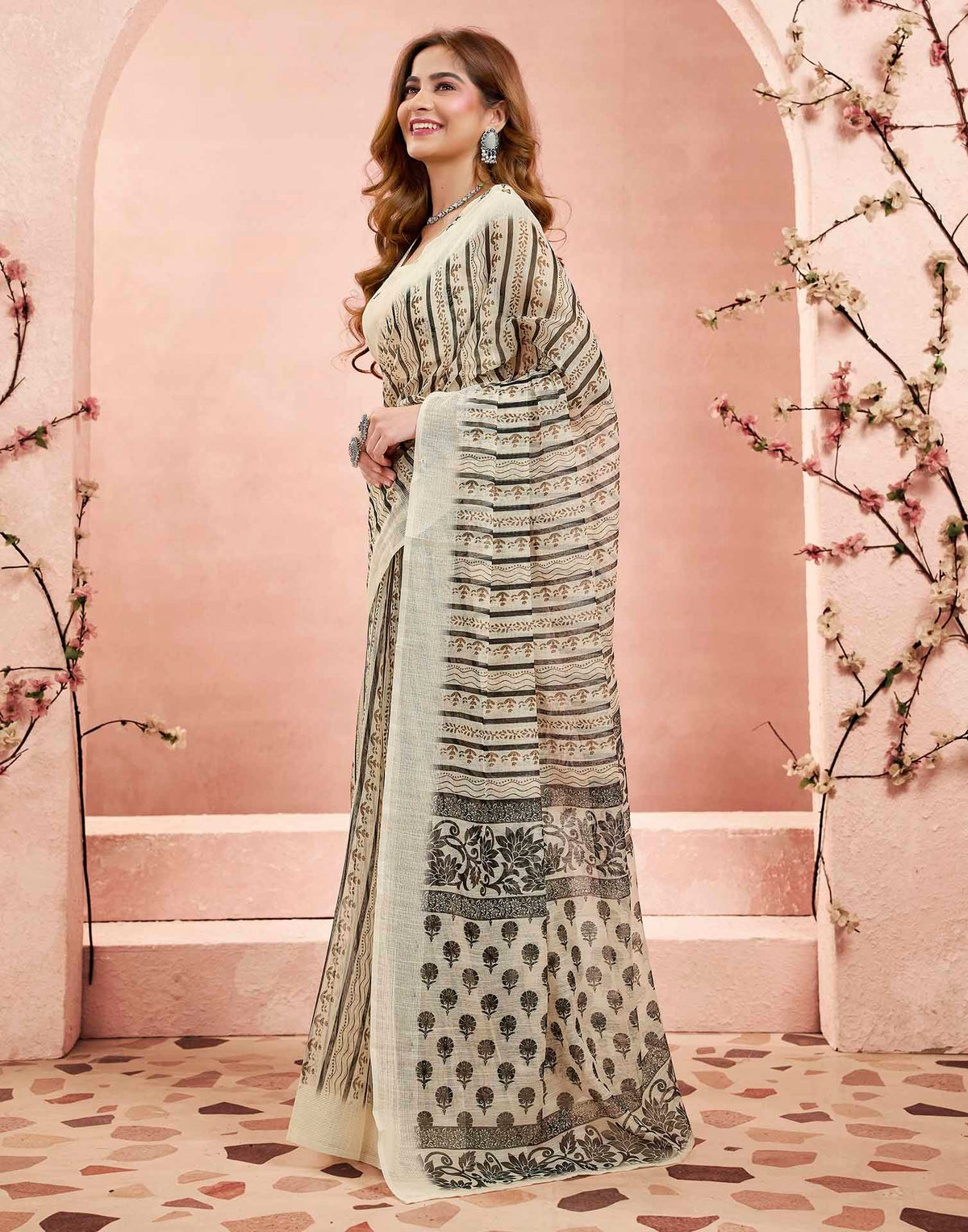 Ready To Wear Beige Linen Printed Saree