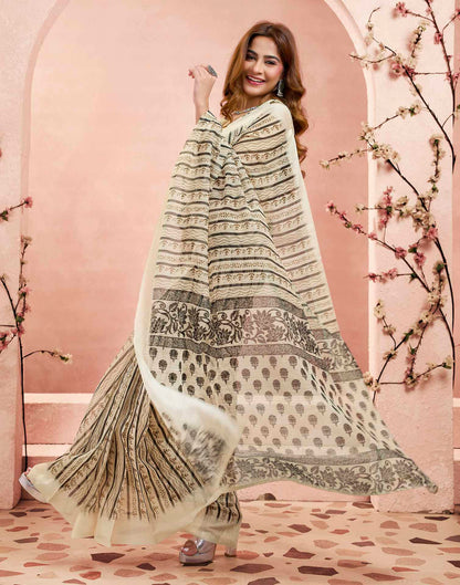 Ready To Wear Beige Linen Printed Saree