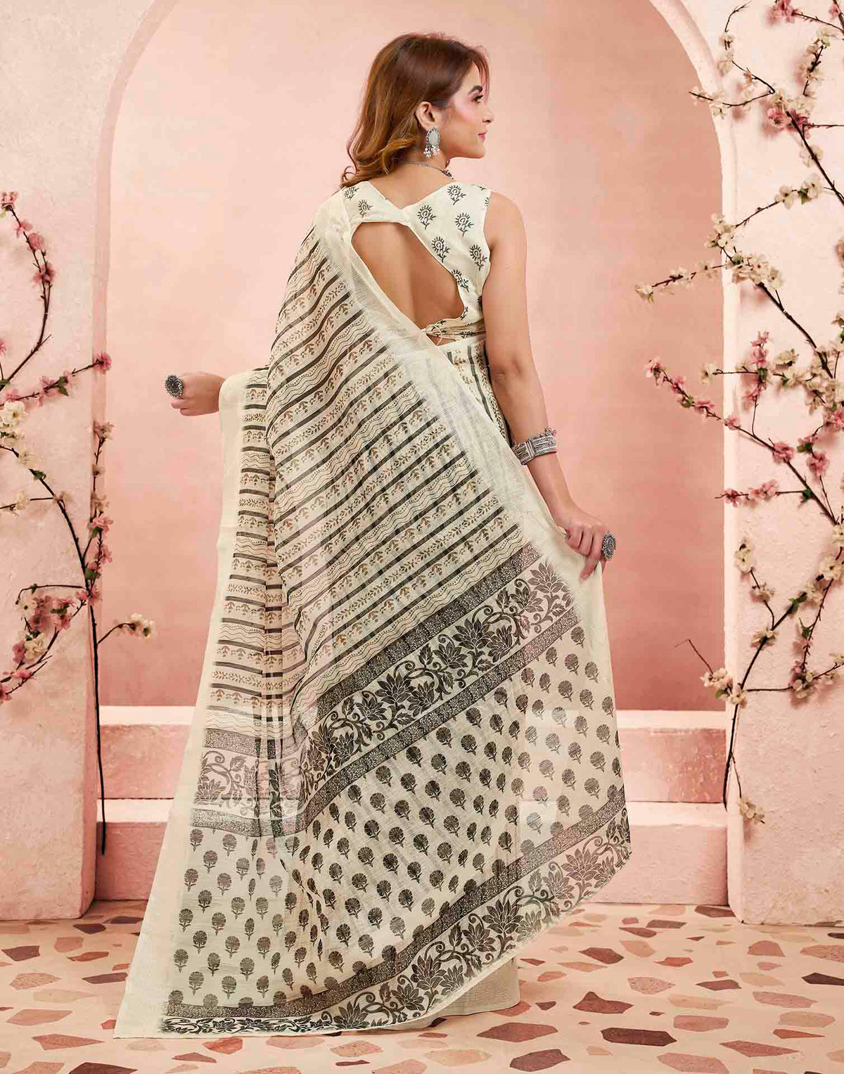 Ready To Wear Beige Linen Printed Saree
