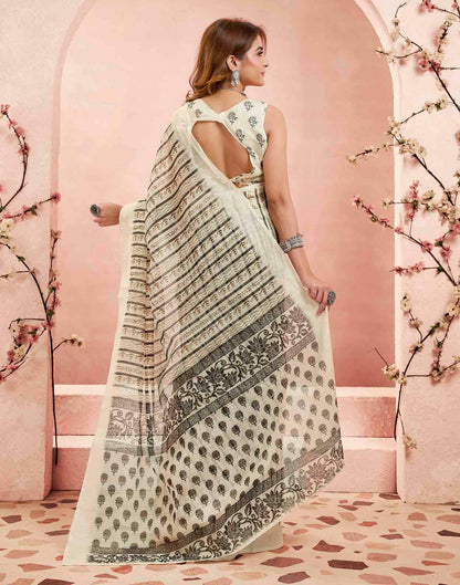 Ready To Wear Beige Linen Printed Saree