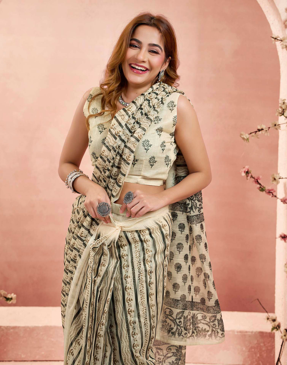 Ready To Wear Beige Linen Printed Saree