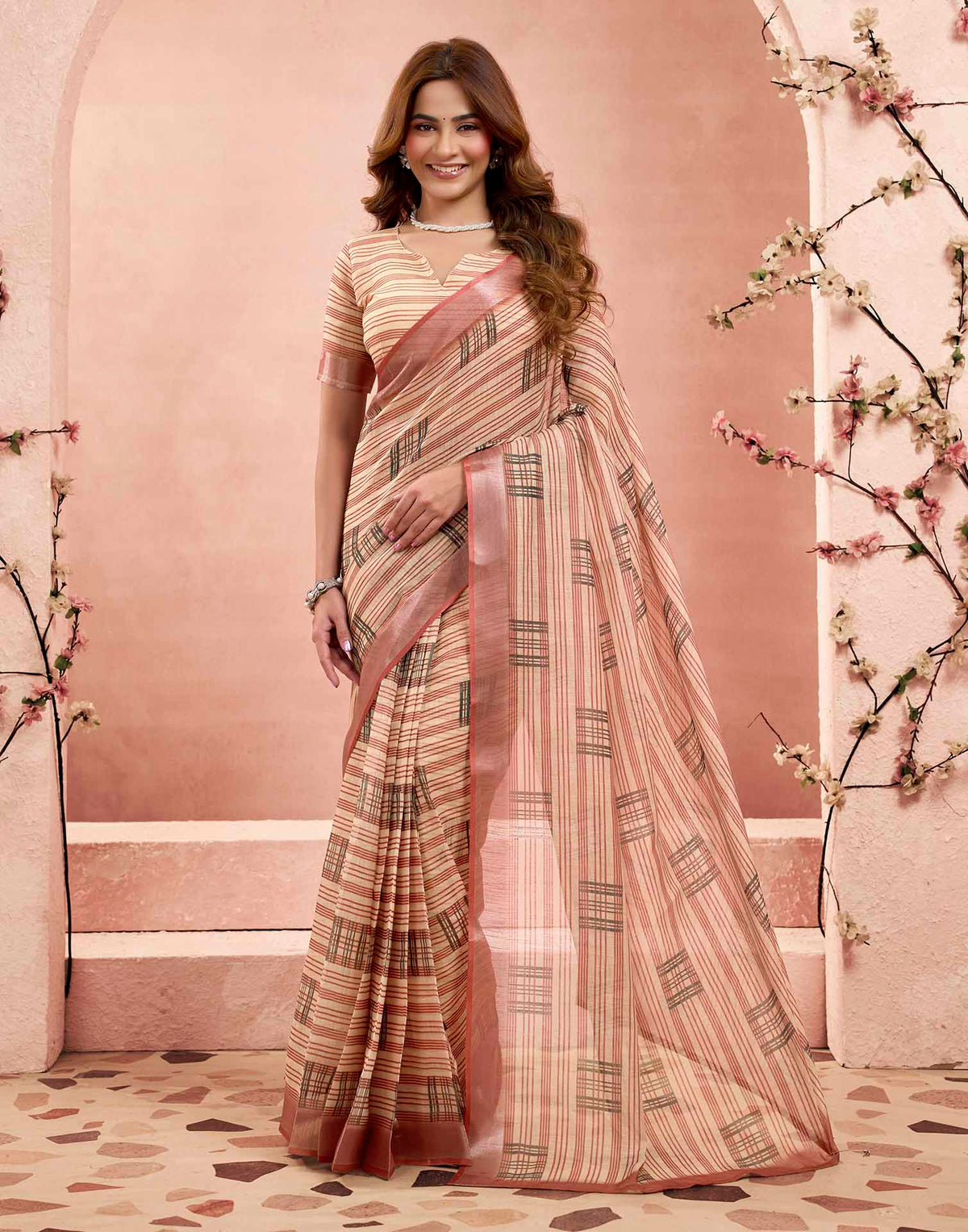 Ready To Wear Peach Linen Printed Saree