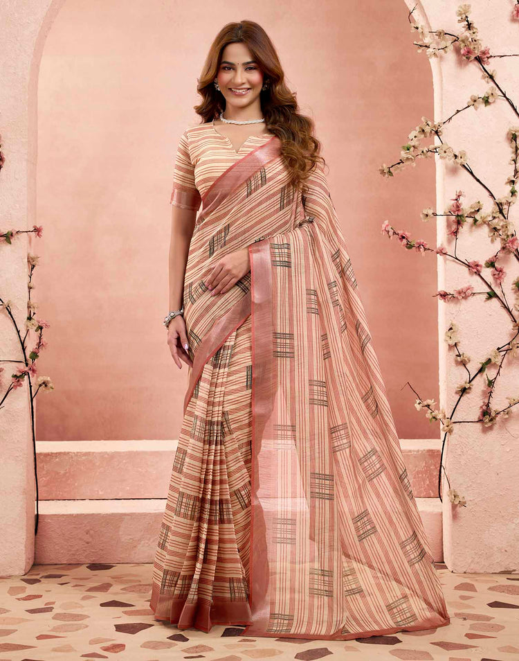 Ready To Wear Peach Linen Printed Saree
