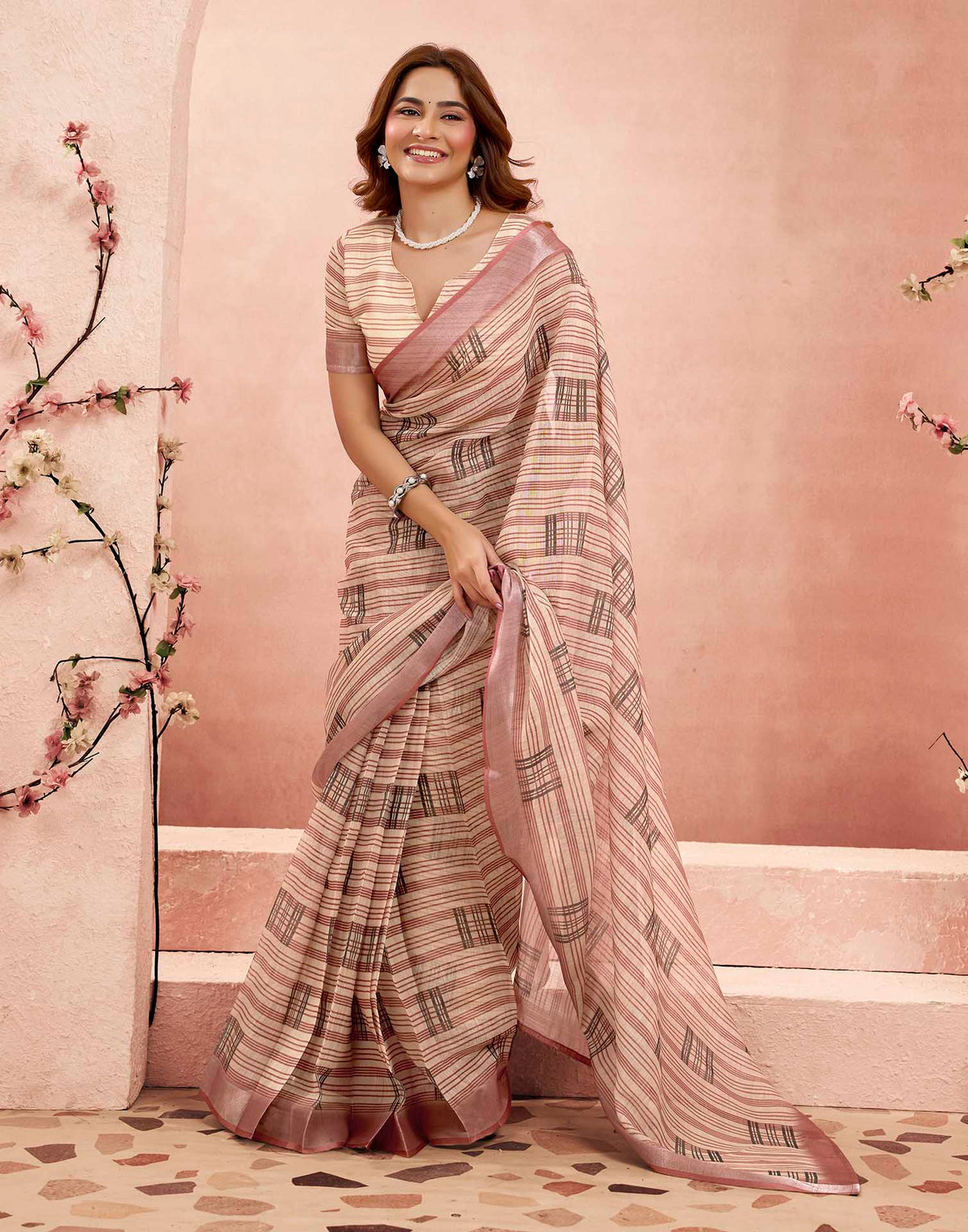 Ready To Wear Peach Linen Printed Saree