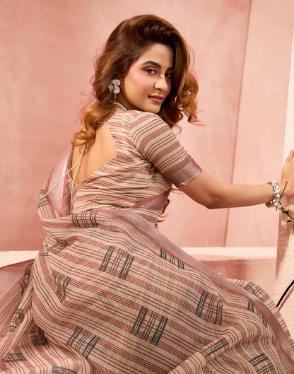 Ready To Wear Peach Linen Printed Saree