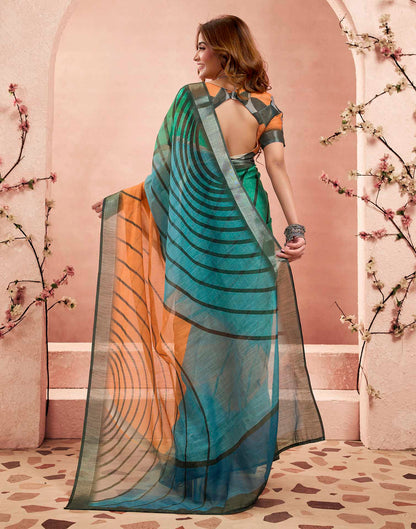 Ready To Wear Turquoise Linen Printed Saree