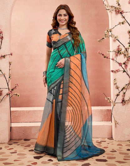 Ready To Wear Turquoise Linen Printed Saree