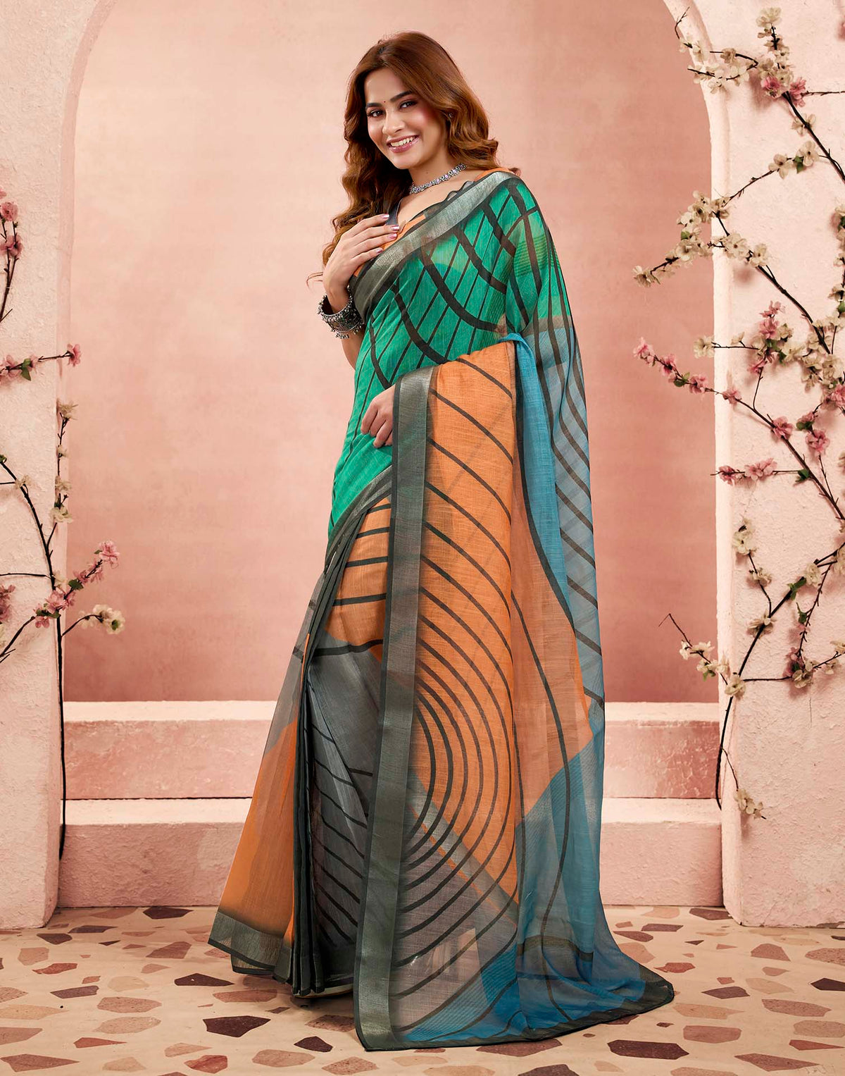 Ready To Wear Turquoise Linen Printed Saree