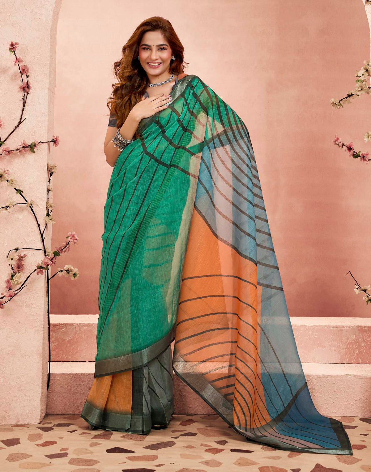 Ready To Wear Turquoise Linen Printed Saree
