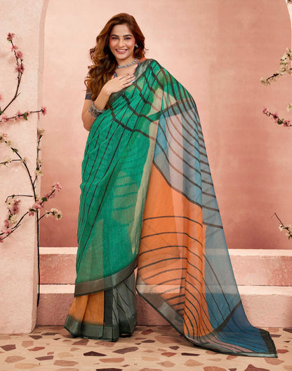 Ready To Wear Turquoise Linen Printed Saree