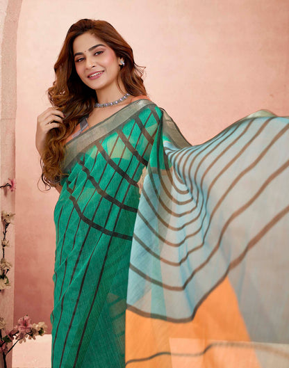 Ready To Wear Turquoise Linen Printed Saree