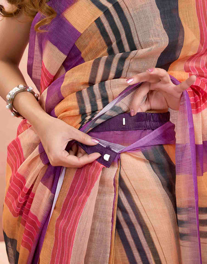 Ready To Wear Multicoloured Linen Striped Printed Saree