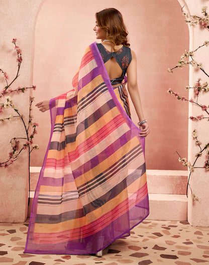 Ready To Wear Multicoloured Linen Striped Printed Saree
