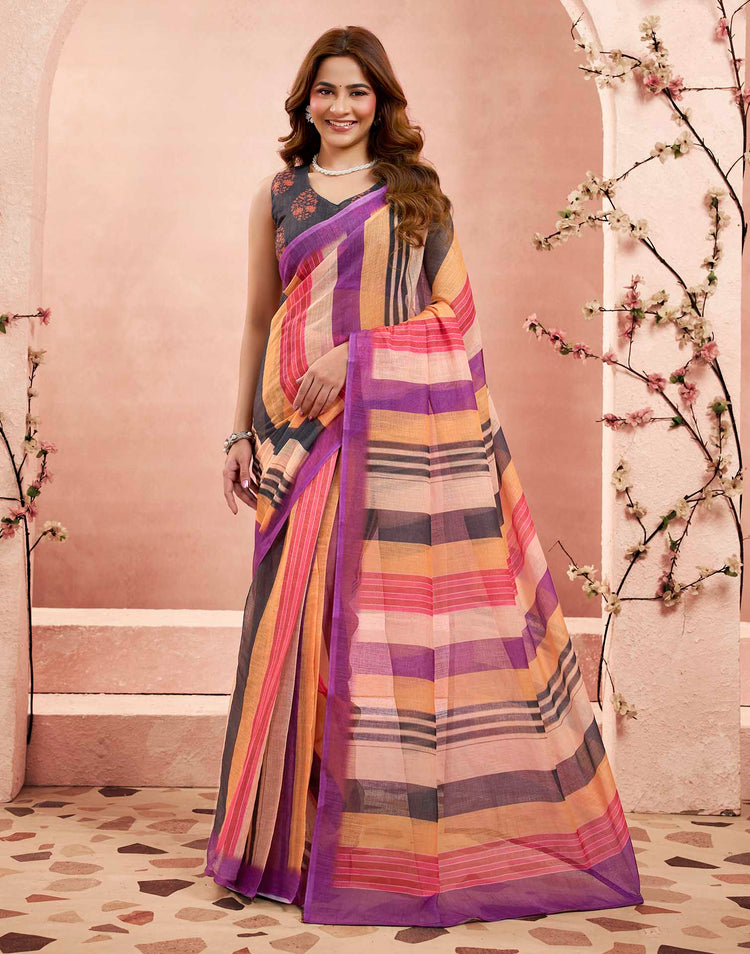 Ready To Wear Multicoloured Linen Striped Printed Saree