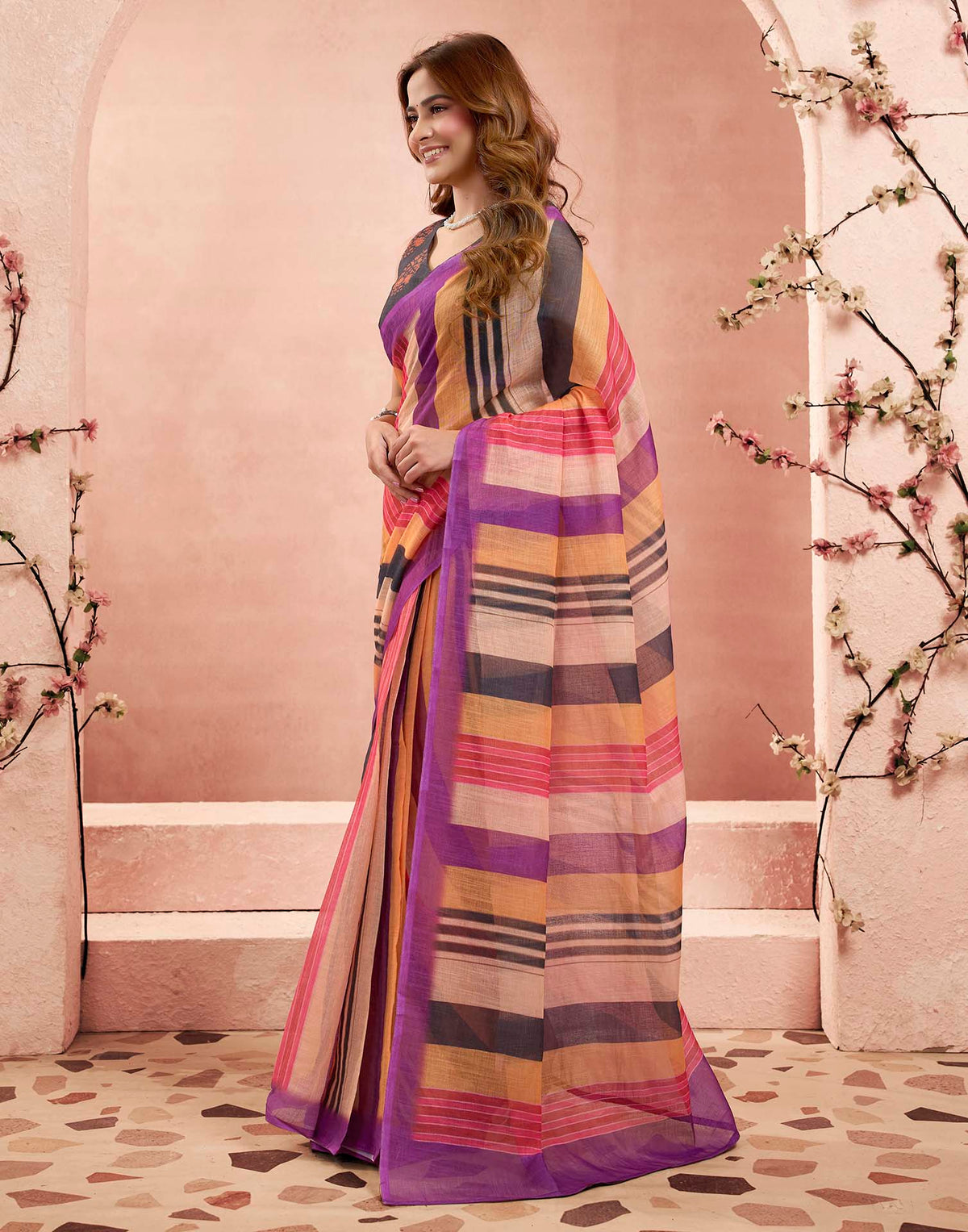 Ready To Wear Multicoloured Linen Striped Printed Saree