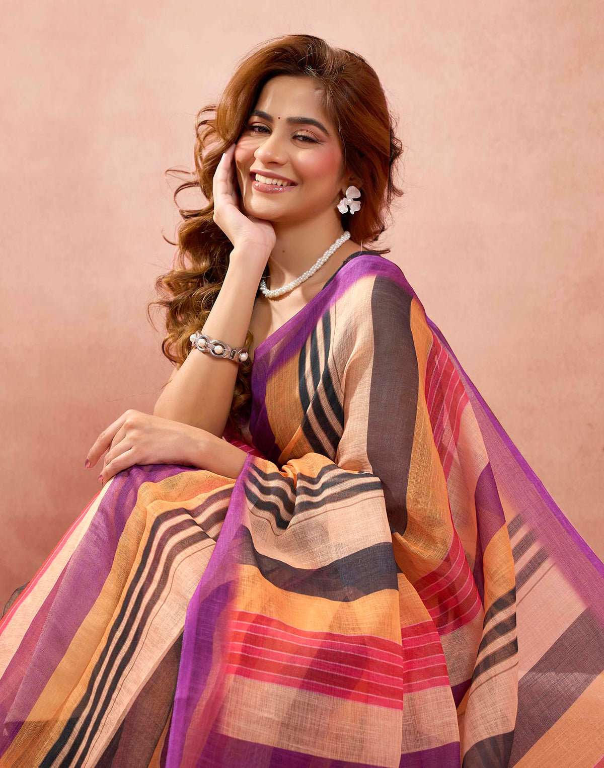 Ready To Wear Multicoloured Linen Striped Printed Saree