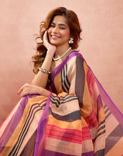 Ready To Wear Multicoloured Linen Striped Printed Saree