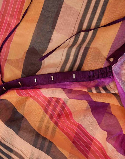 Ready To Wear Multicoloured Linen Striped Printed Saree