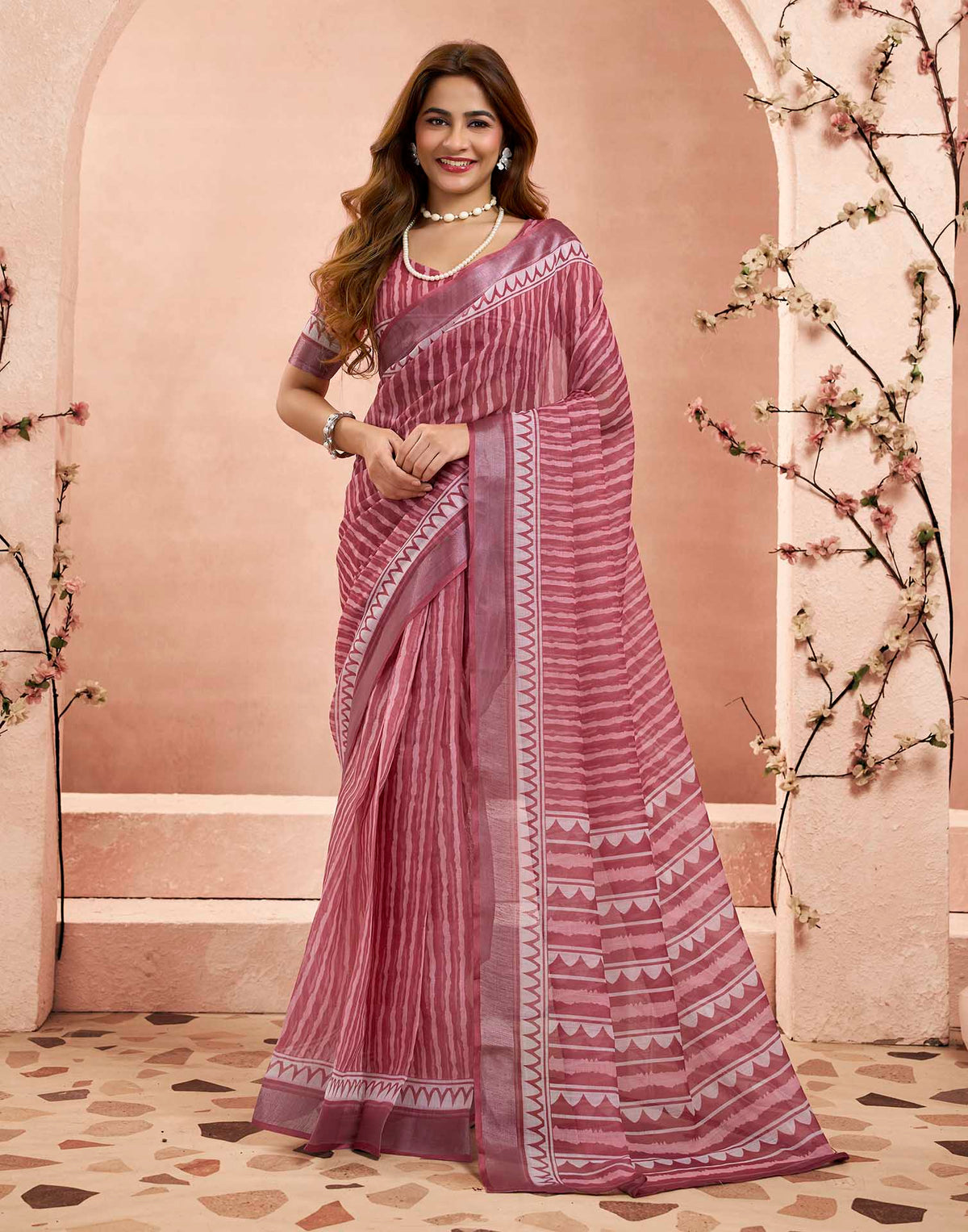 Ready To Wear Wine Linen Printed Saree