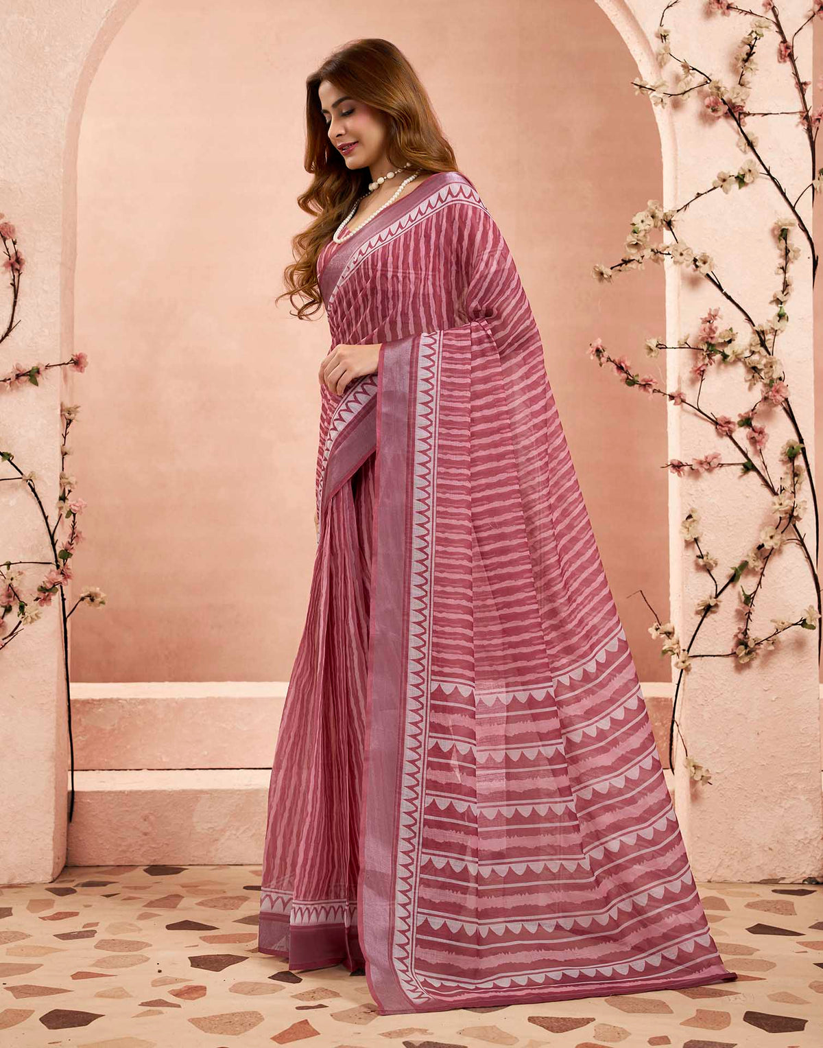 Ready To Wear Wine Linen Printed Saree