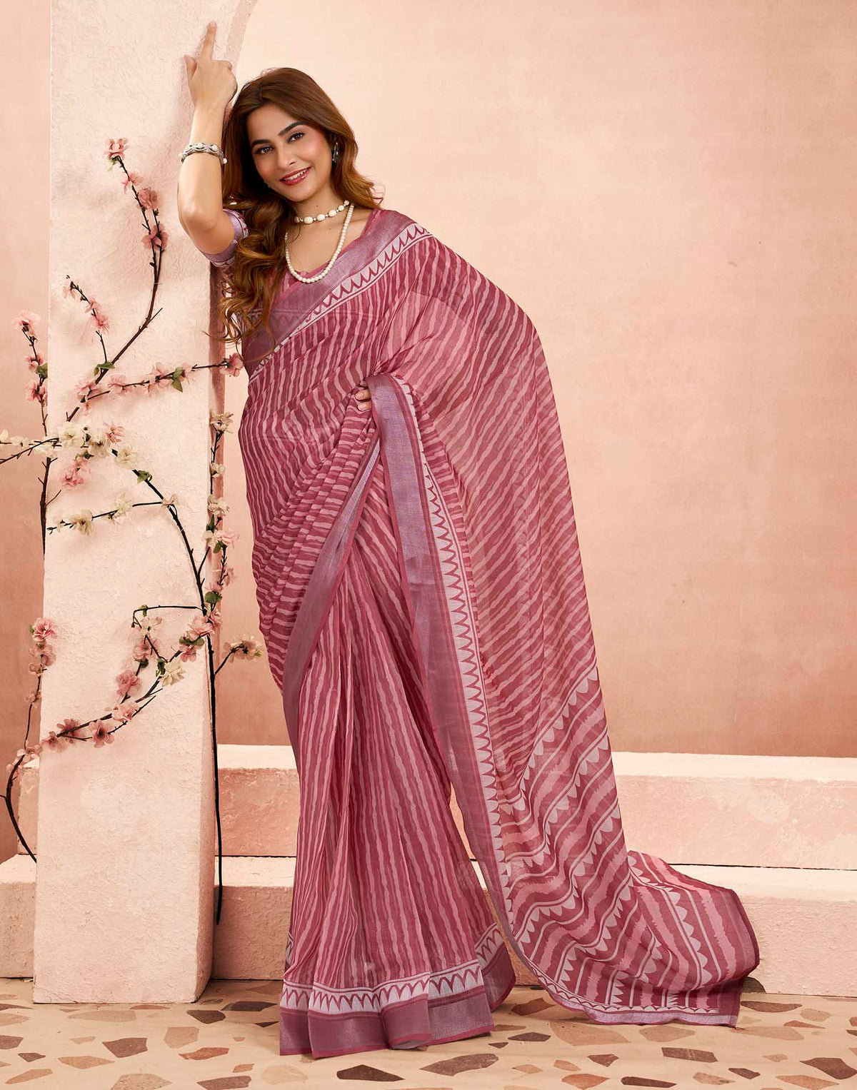 Ready To Wear Wine Linen Printed Saree
