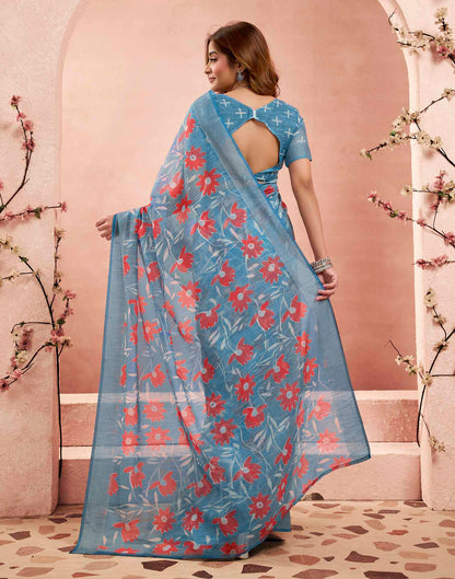 Ready To Wear Sky Blue Linen Printed Saree