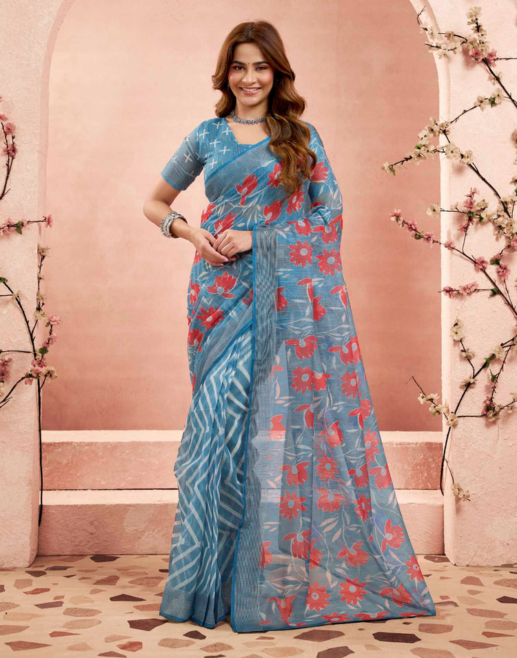 Ready To Wear Sky Blue Linen Printed Saree