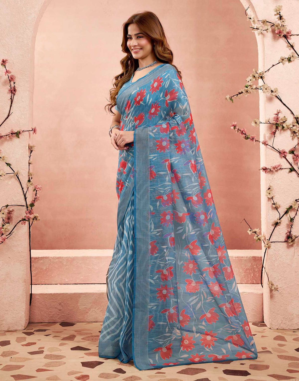 Ready To Wear Sky Blue Linen Printed Saree